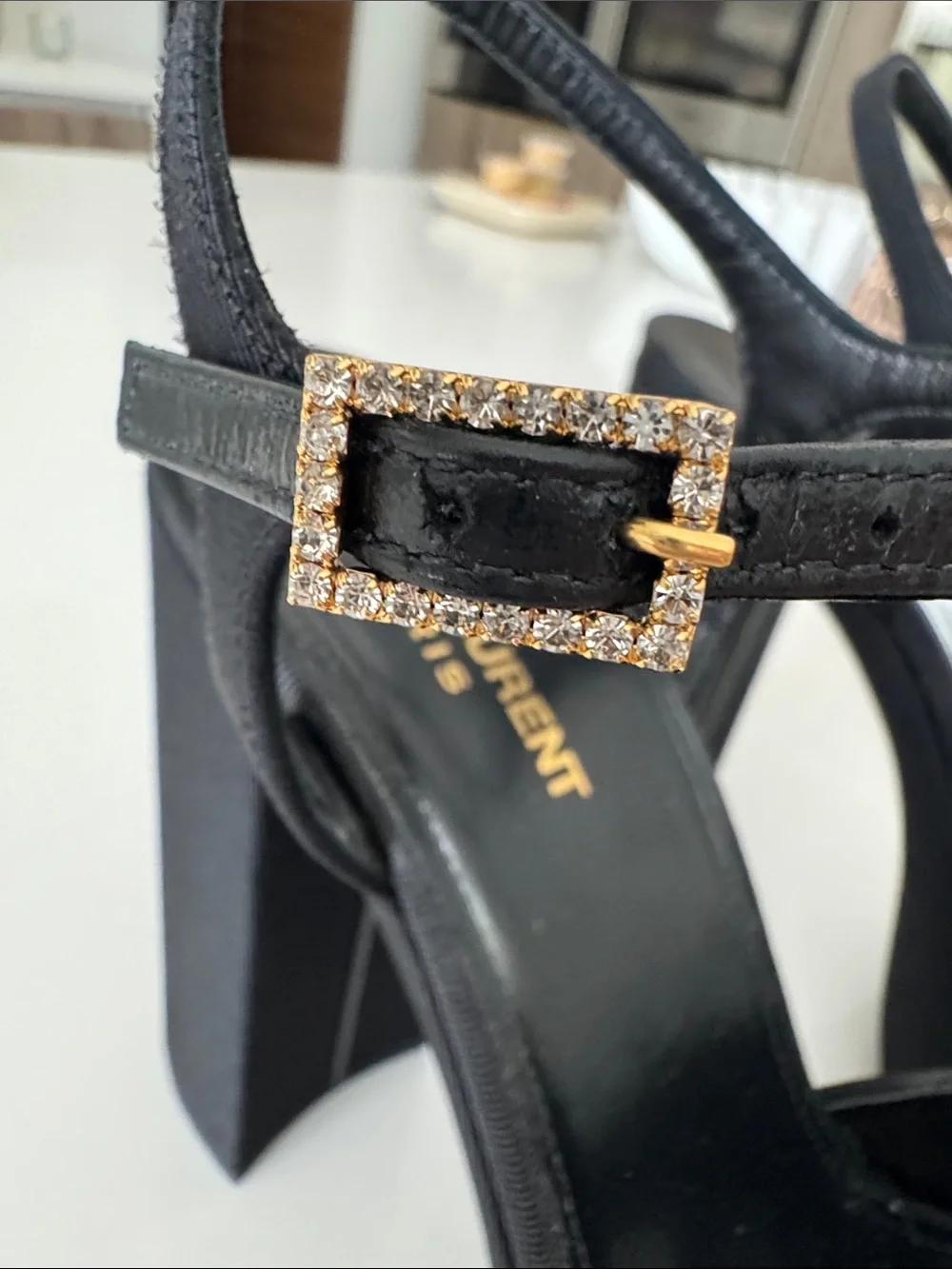 Saint Laurent Black Knotted Platform Heels with Gold Buckles